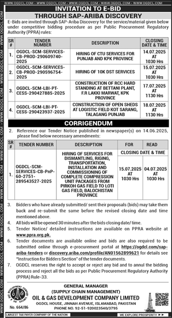 Oil & Gas Development Company Limited Islamabad Tender Notice